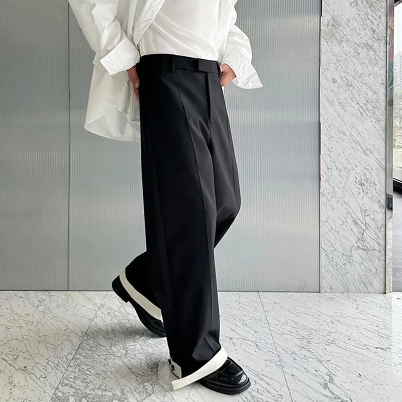 Autumn Wide Leg Suit Pants Men Contrast Color Cuffed Hidden Buckle Design Personalized Versatile Straight Pants 9C7057