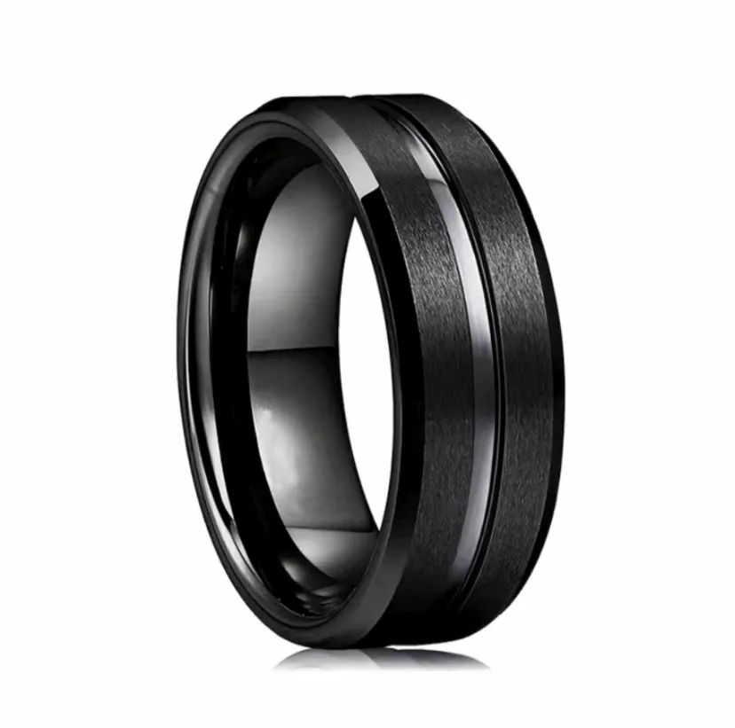 Black Pinstripe Grooved Stainless Steel Ring