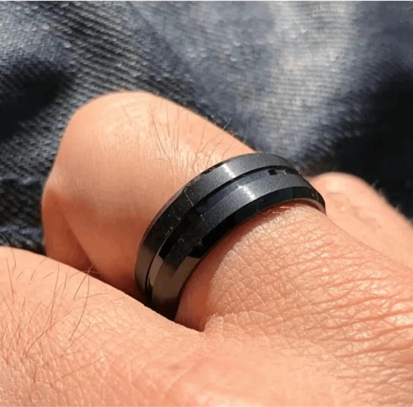 Black Pinstripe Grooved Stainless Steel Ring