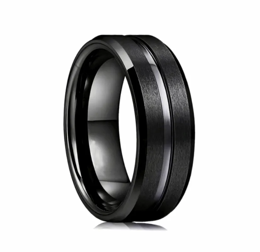 Black Pinstripe Grooved Stainless Steel Ring