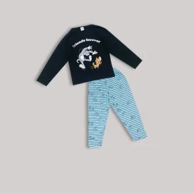 Cartoon Printed Black Sweatshirt and Striped Blue Jogger Set