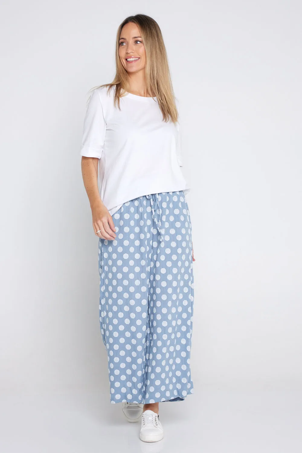 Cleo Wide Leg Drawstring Pants - Denim Blue/Spot