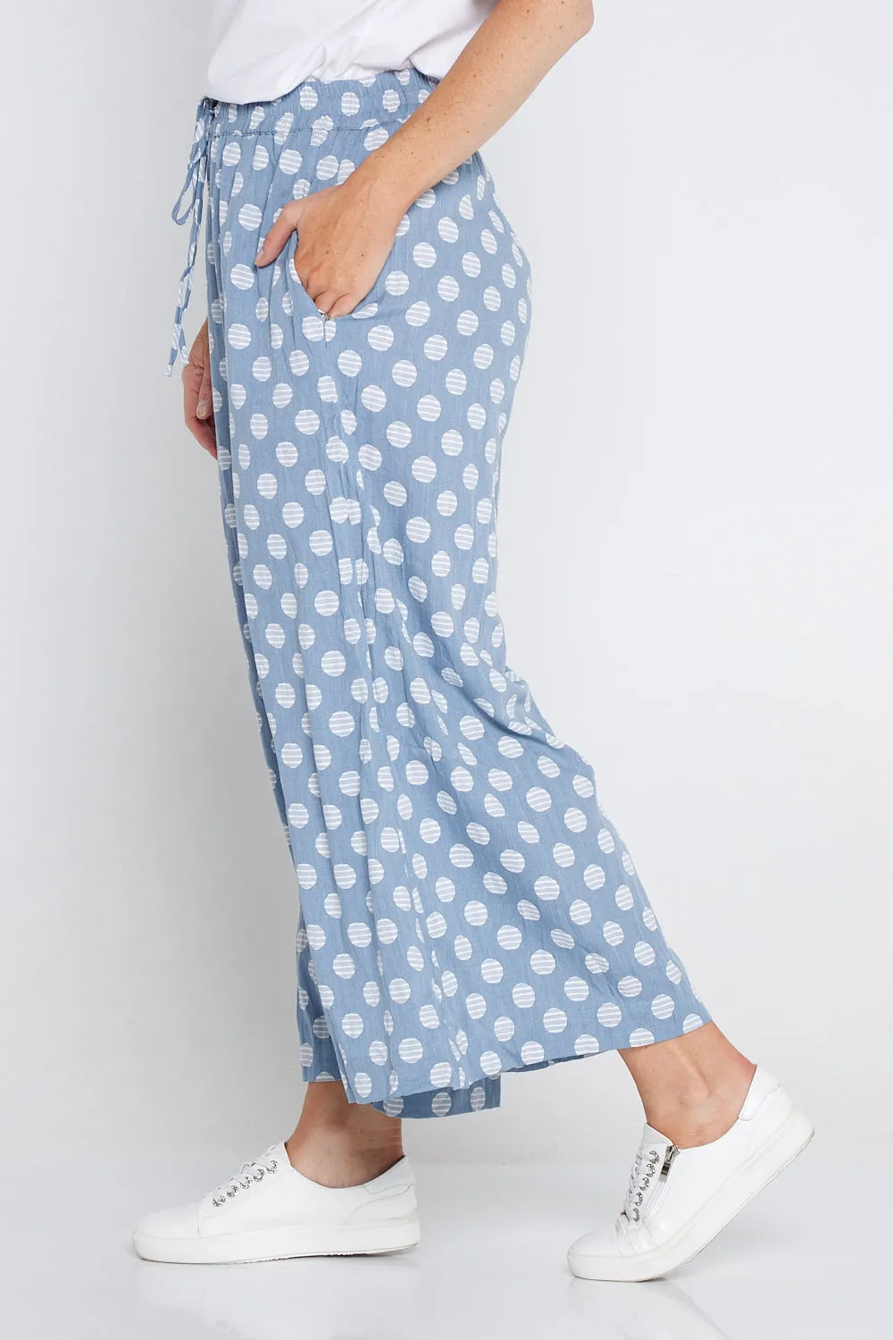 Cleo Wide Leg Drawstring Pants - Denim Blue/Spot