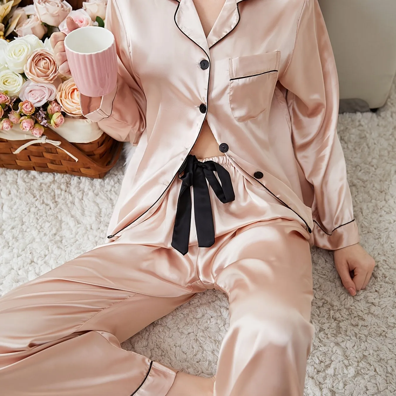 Elegant Comfortable Satin Sleepwear Lightweight Button Up Blouse Pajama Top Elastic Waistband Pajama Pants