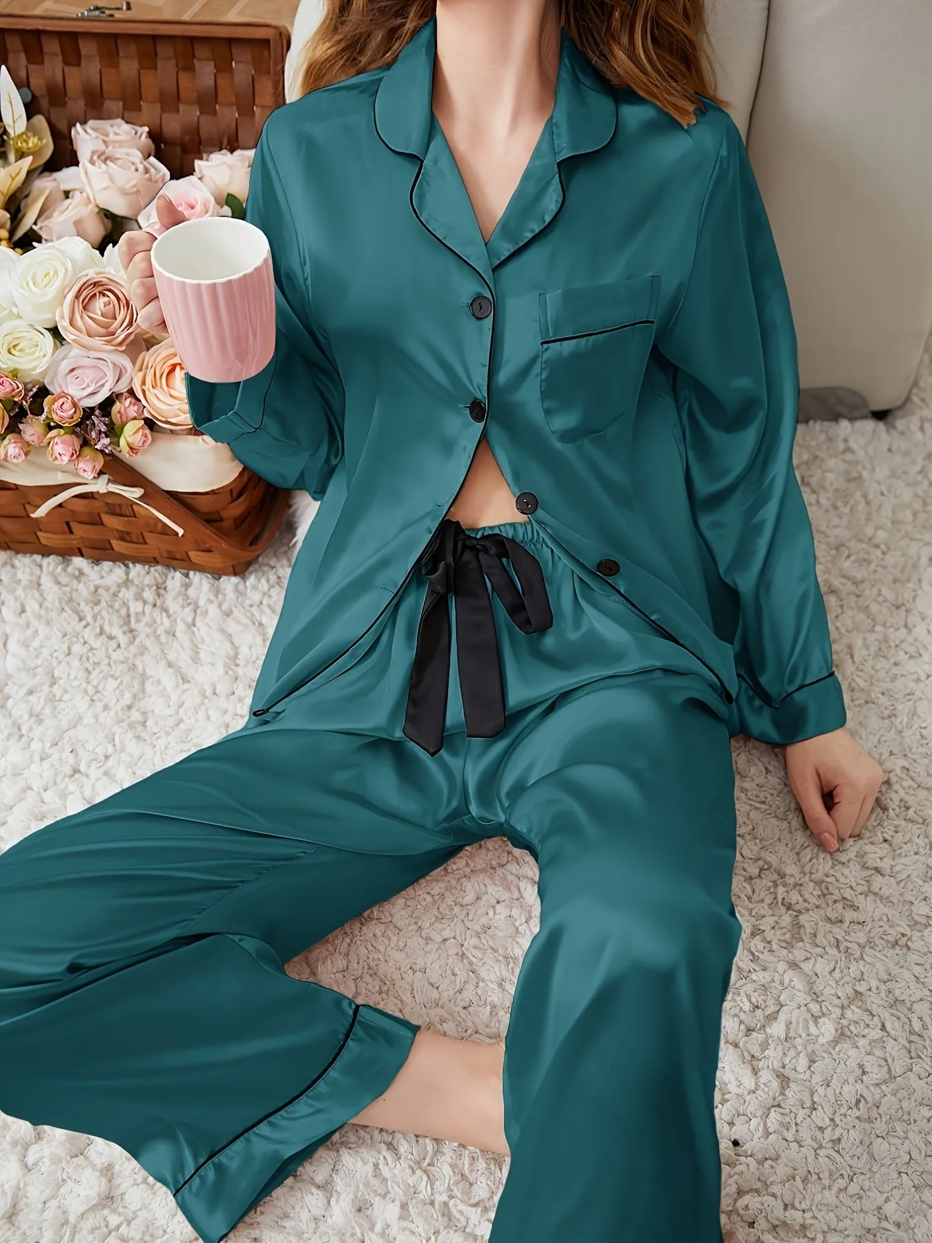 Elegant Comfortable Satin Sleepwear Lightweight Button Up Blouse Pajama Top Elastic Waistband Pajama Pants