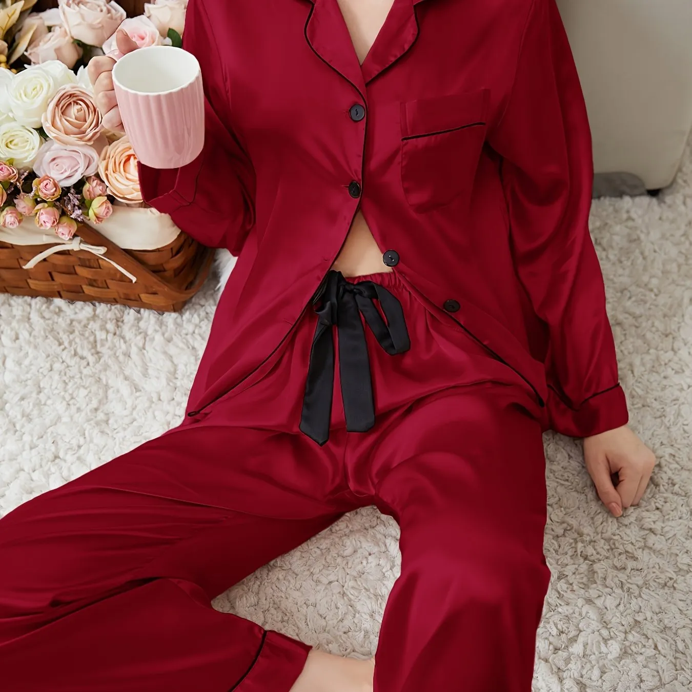 Elegant Comfortable Satin Sleepwear Lightweight Button Up Blouse Pajama Top Elastic Waistband Pajama Pants