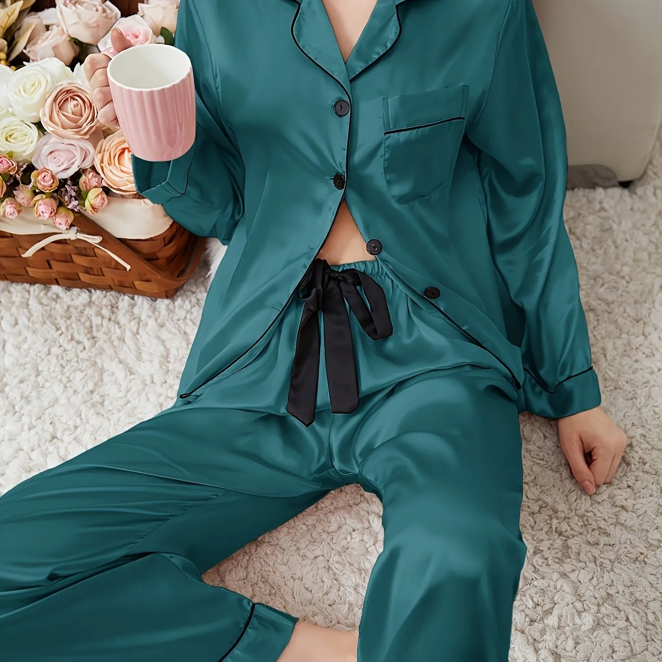 Elegant Comfortable Satin Sleepwear Lightweight Button Up Blouse Pajama Top Elastic Waistband Pajama Pants