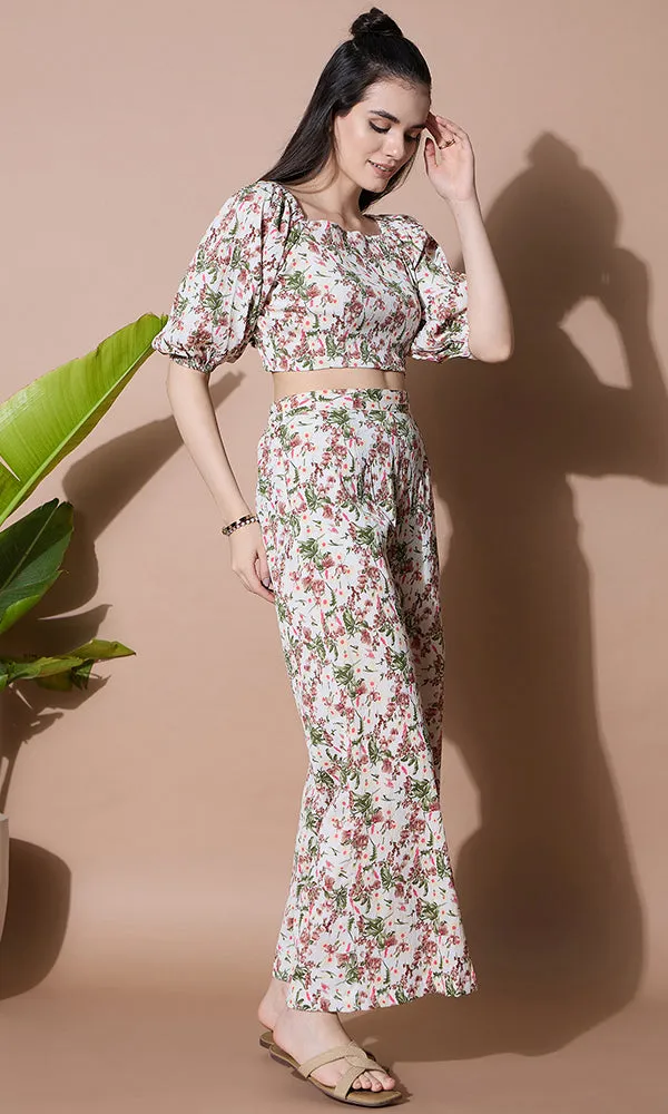 Floral Printed Crop Top with Palazzo Co-ord Set for Women