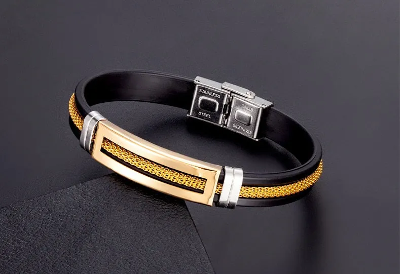 Gold Chain Bracelets for Men Women Teens Black Rubber Belt Wristband