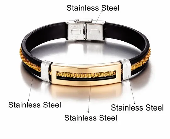 Gold Chain Bracelets for Men Women Teens Black Rubber Belt Wristband