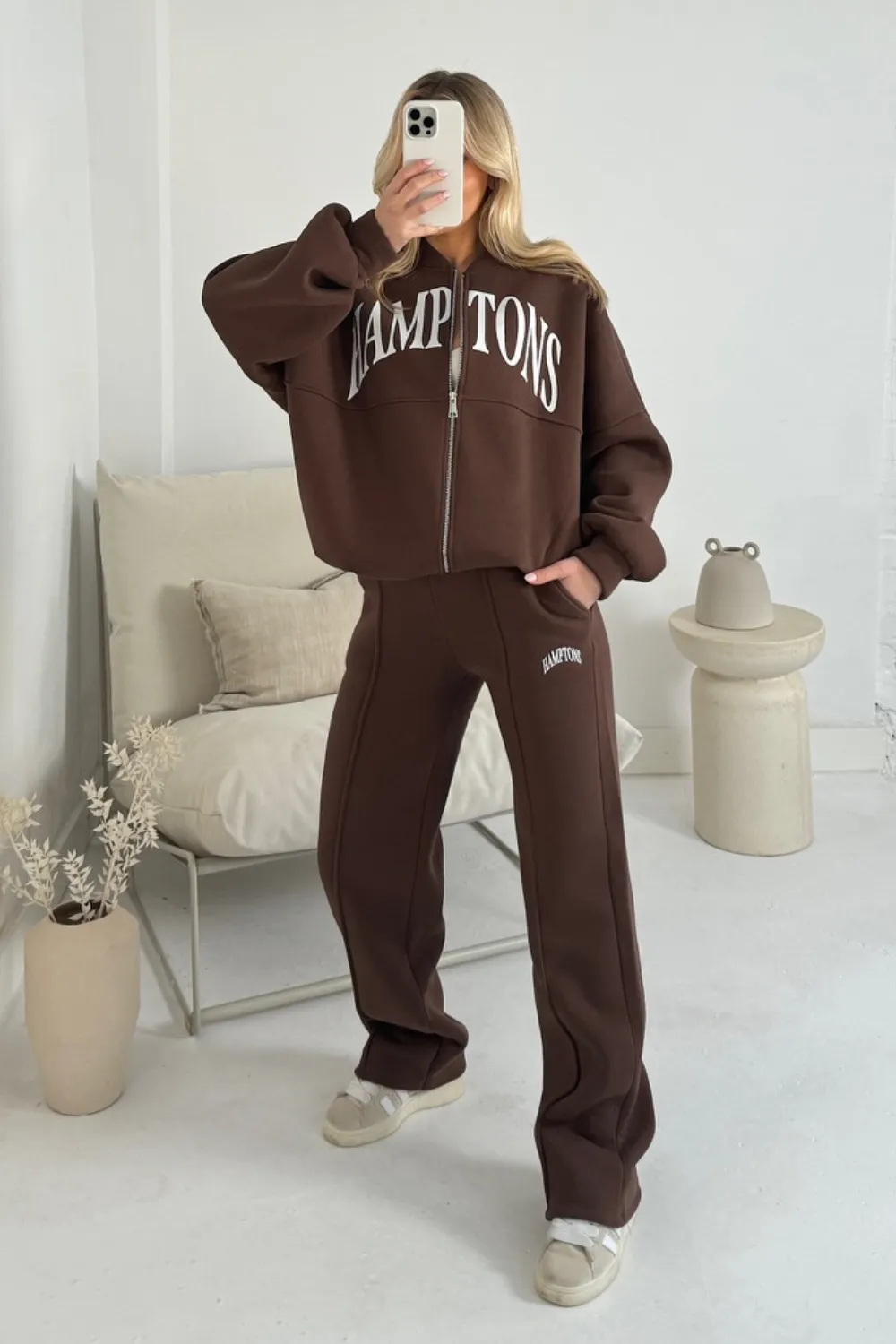 Hamptons chocolate printed bomber jacket and straight leg jogger