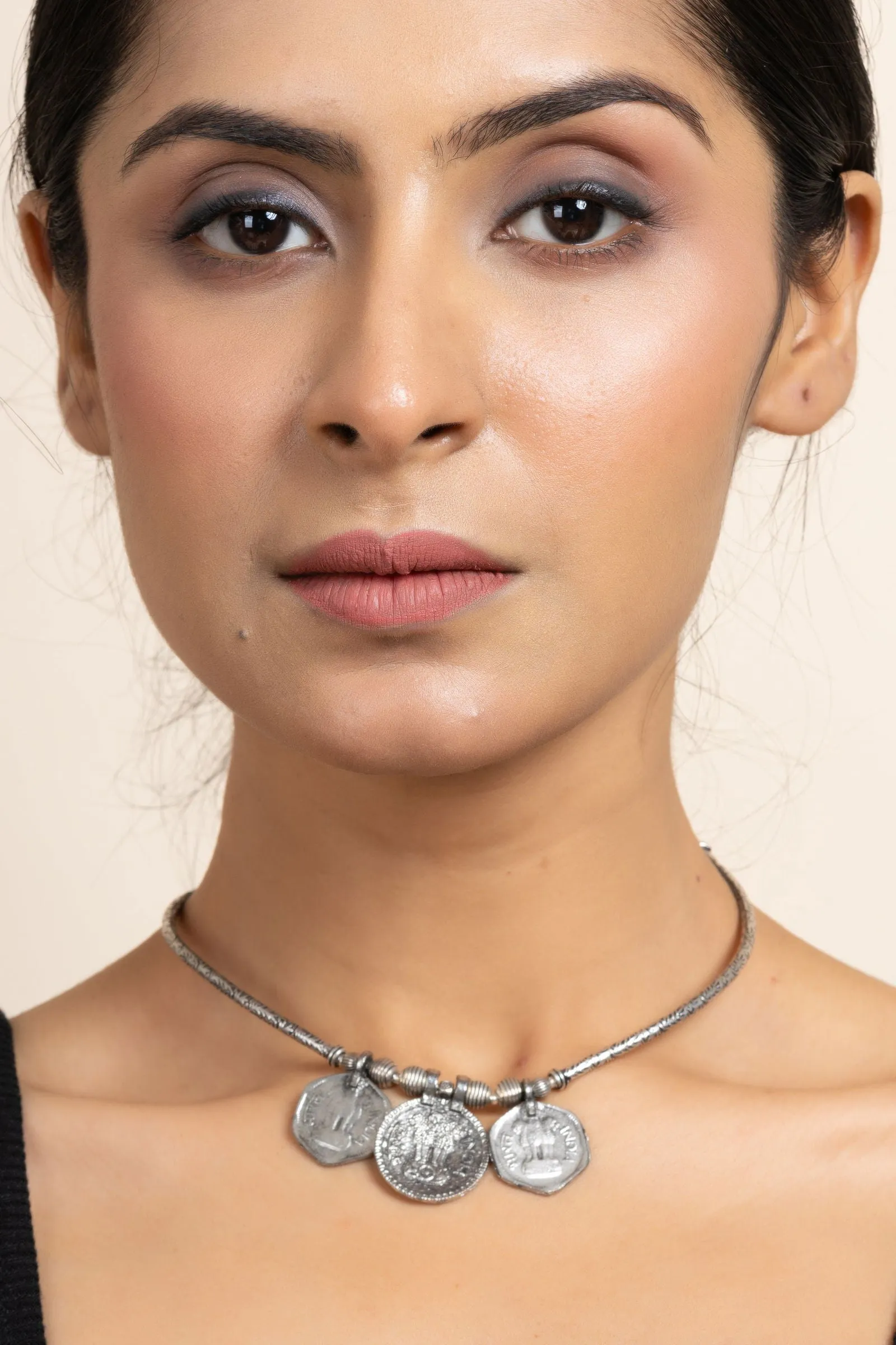 Handcrafted German Silver Triple Coin Sleek Hasli Choker Necklace for Stylish Daily Wear