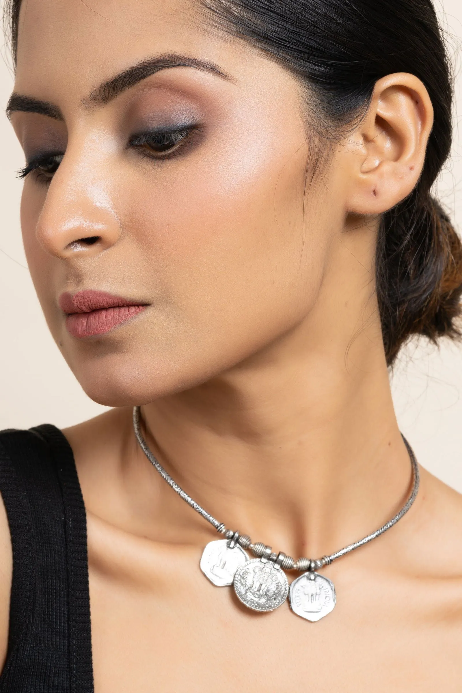 Handcrafted German Silver Triple Coin Sleek Hasli Choker Necklace for Stylish Daily Wear