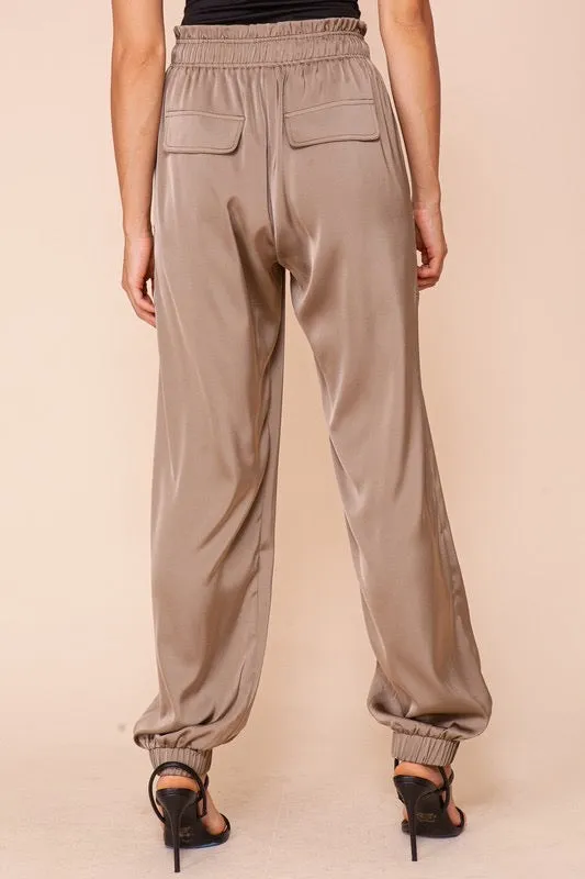 Harlow Satin High Waisted Jogger- Taupe Olive