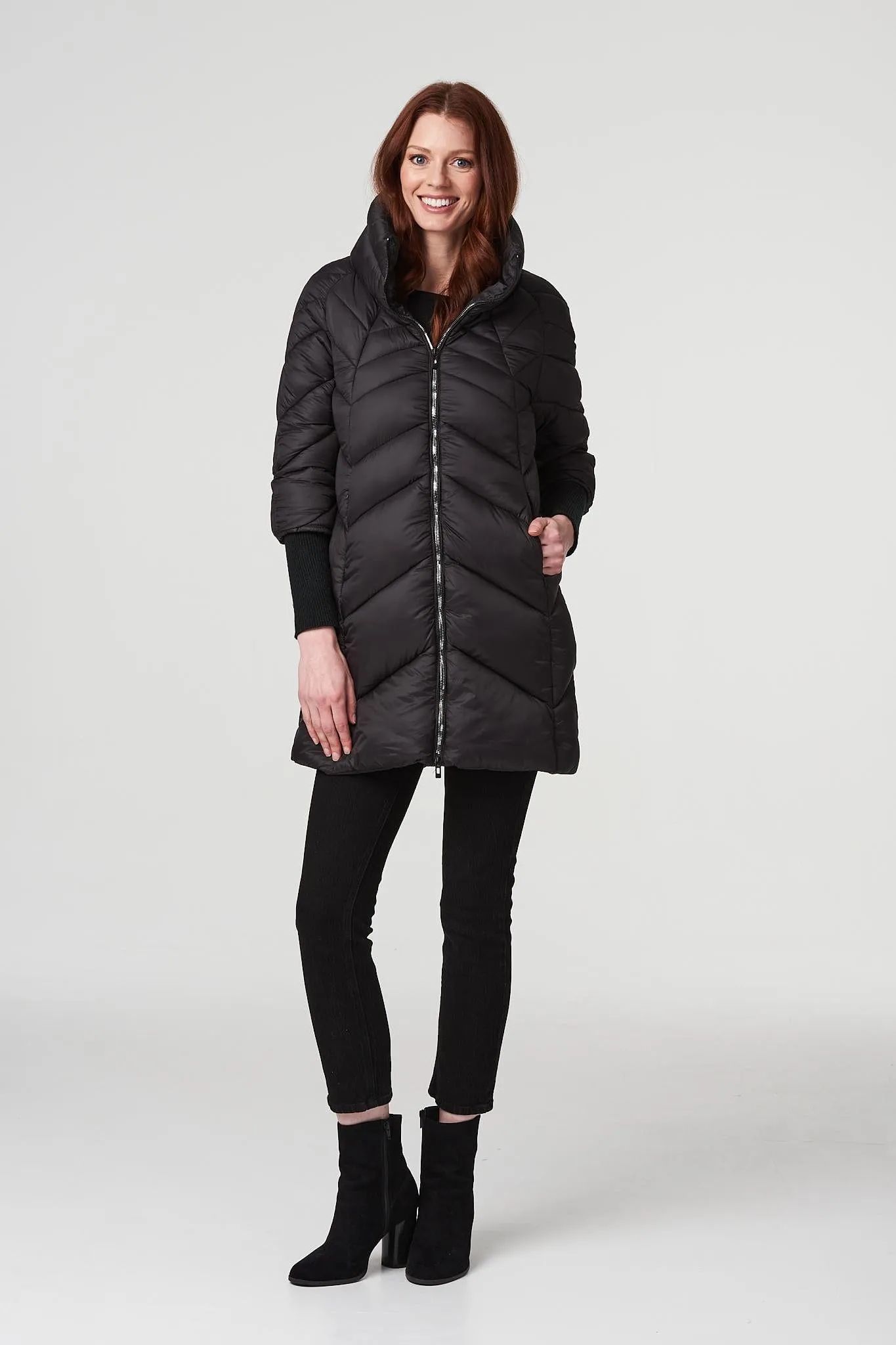 High Neck Knit Cuff Puffer Coat