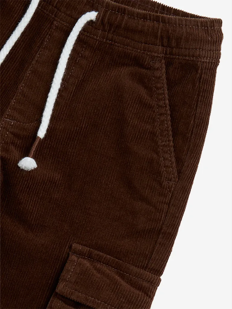 HOP Kids Brown Cargo-Style Corduroy Mid-Rise Cotton Blend Joggers