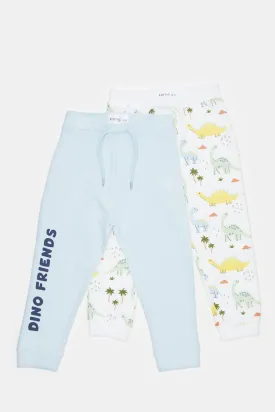 Infant Boys White And Blue Dino Print Joggers Set (Pack of 2)