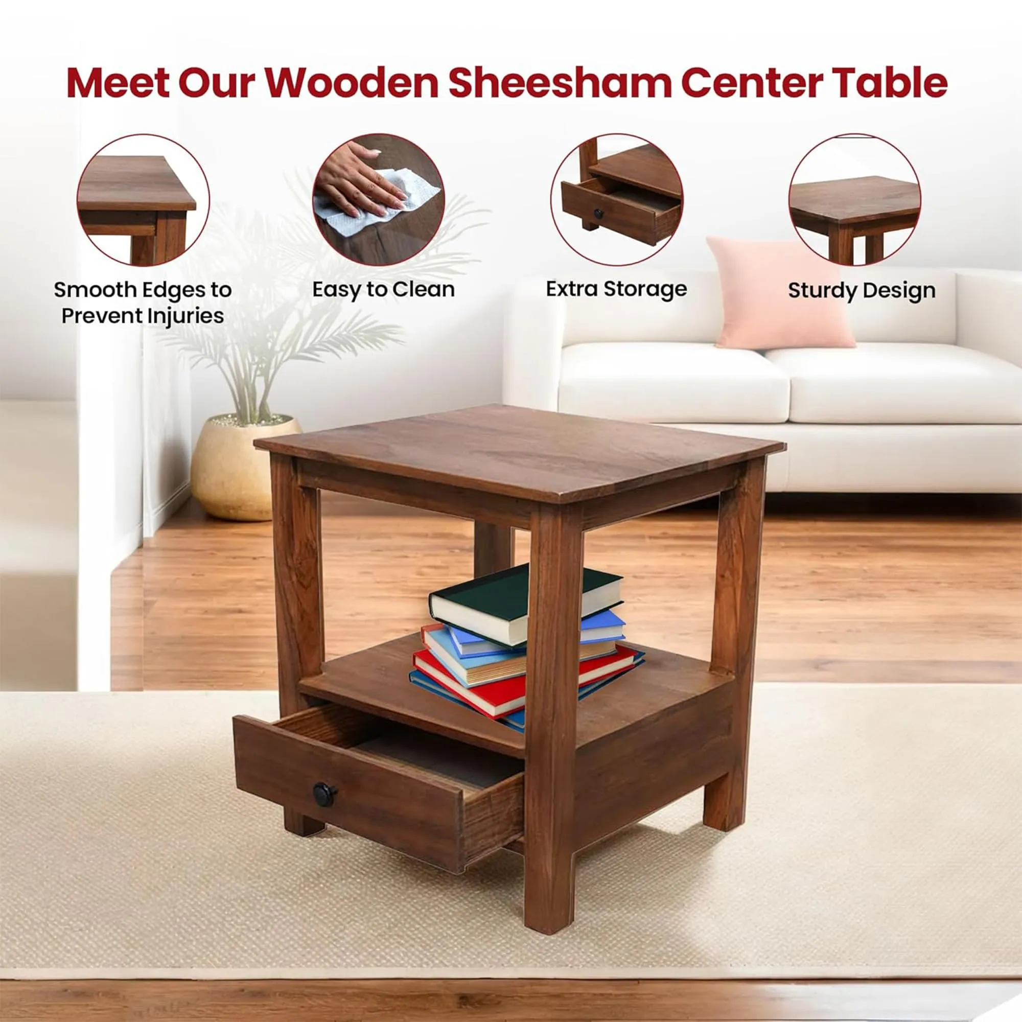 Kuber Industries Durable & Sturdy Sheesham Wood Bed Side Table for Bedroom | Honey Finish End Corner Table for Living Room, Home & Offices with Storage Drawer | Home Furniture Items | Brown