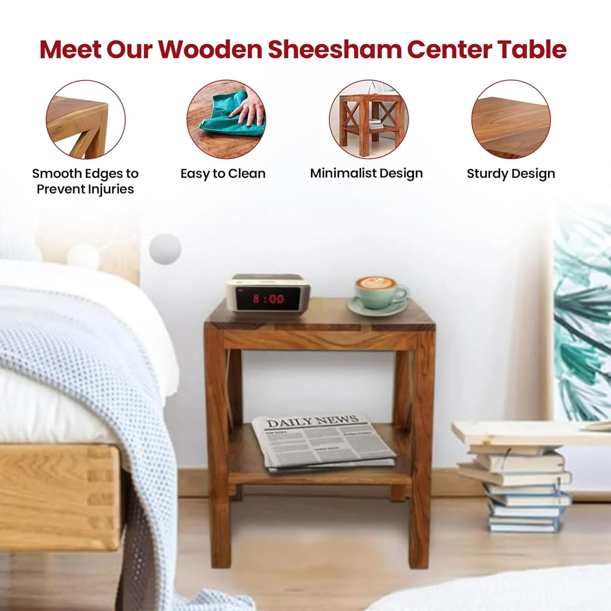 Kuber Industries Durable & Sturdy Sheesham Wood Bed Side Table for Bedroom | Modern & Aesthetic End Corner Table for Living Room, Home & Offices | Home Furniture Items | Teak Natural