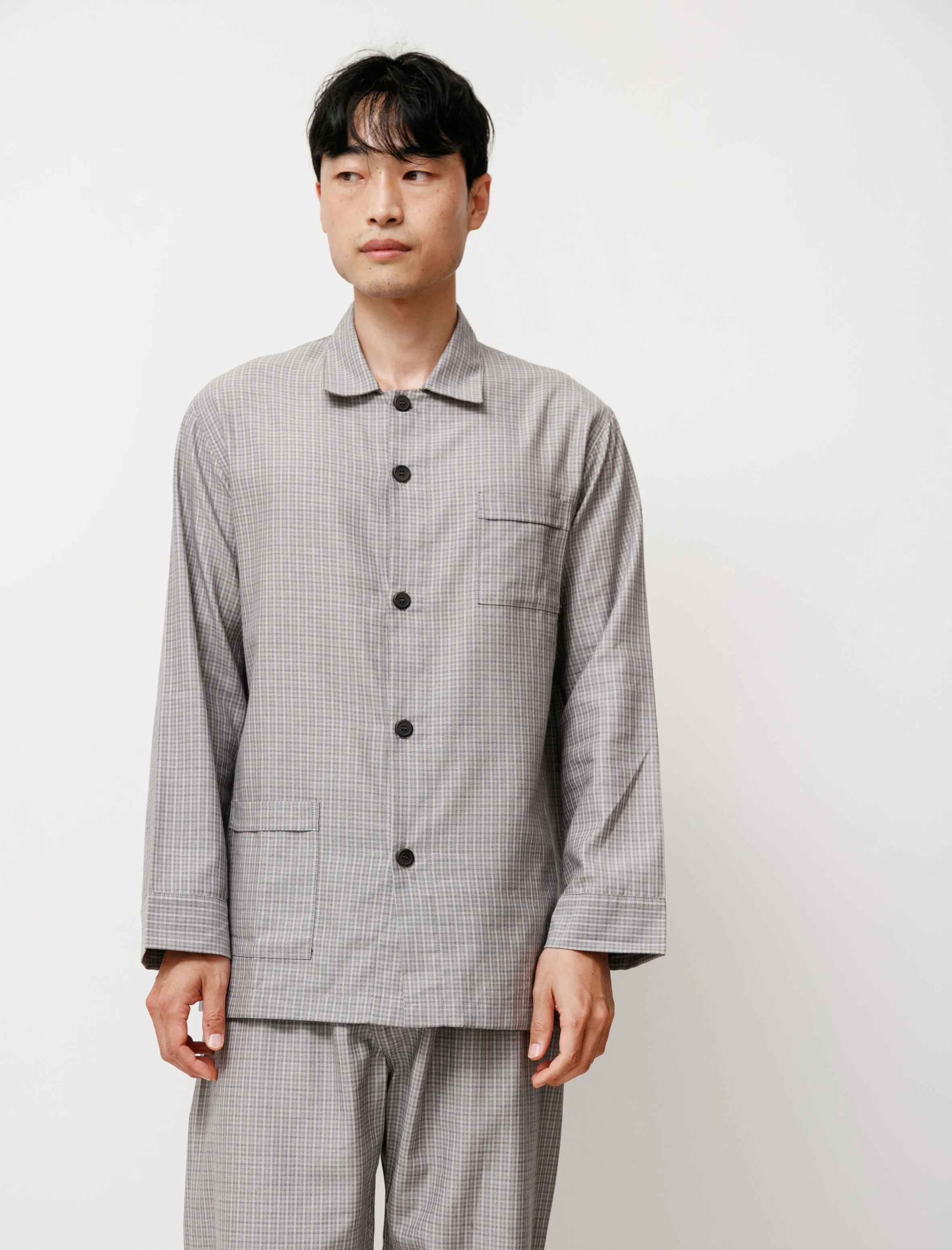 Mens Pyjama Set Grey Cotton Plaid