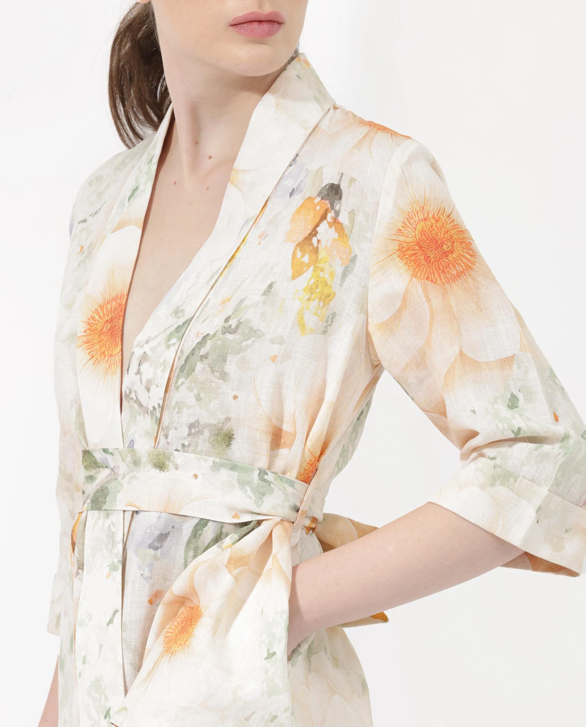 Rareism Women Zame-T Off White Cotton Linen Fabric 3/4Th Sleeves Tie-Up Closure Regular Fit Floral Print Shrug