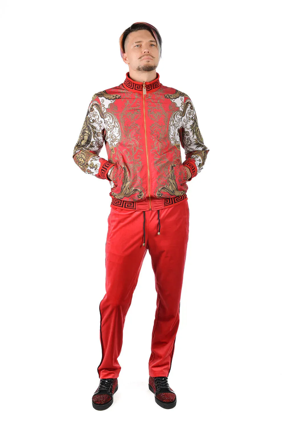 Red Men's Jogging Set Pants and Reversible Jacket Tracksuit Style No: JJ900