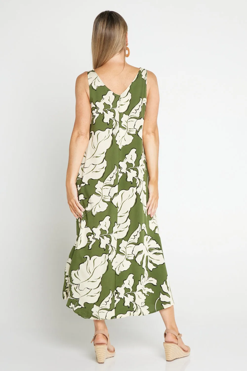 Sienna Sleeveless Midi Dress - Olive Botanical