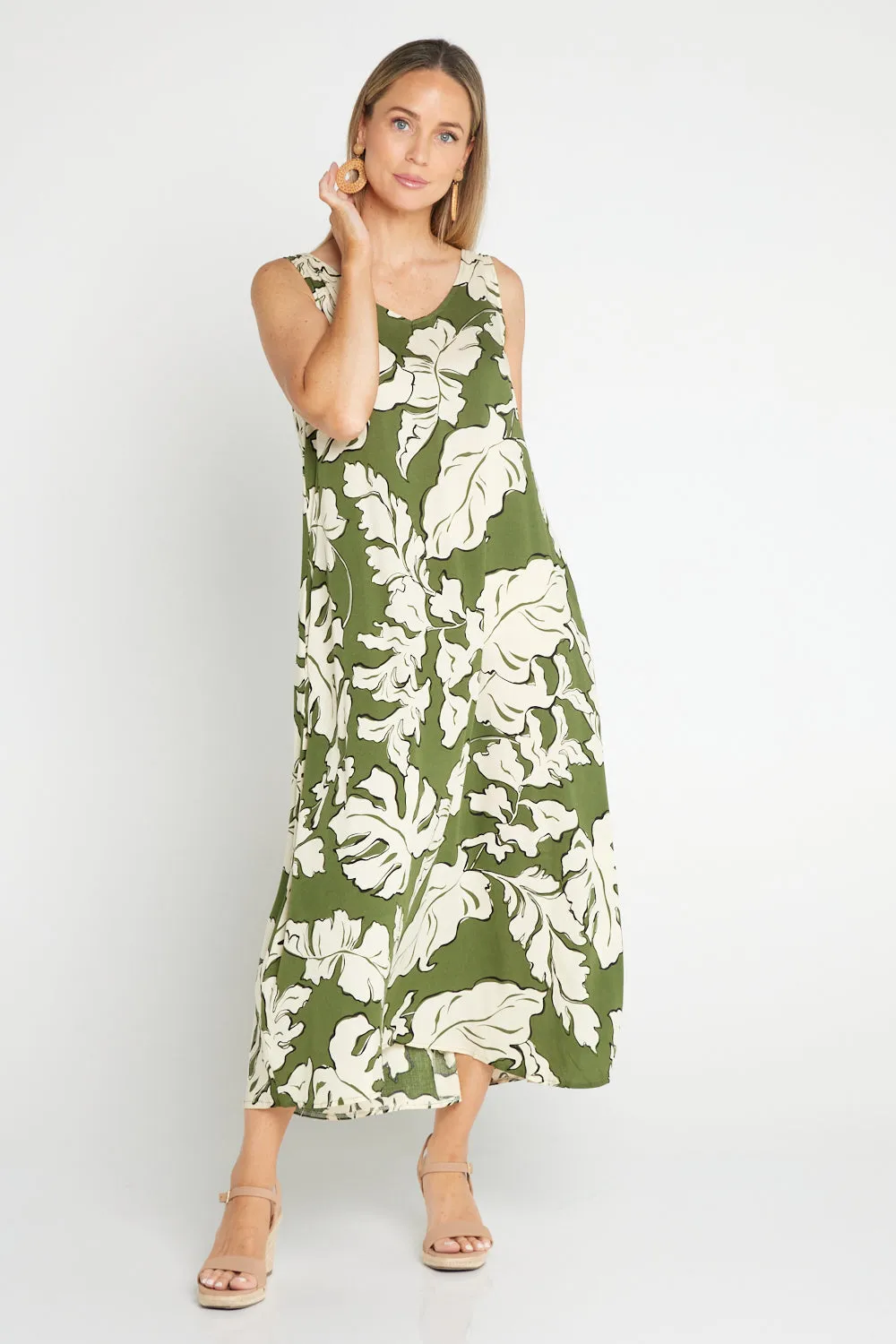 Sienna Sleeveless Midi Dress - Olive Botanical