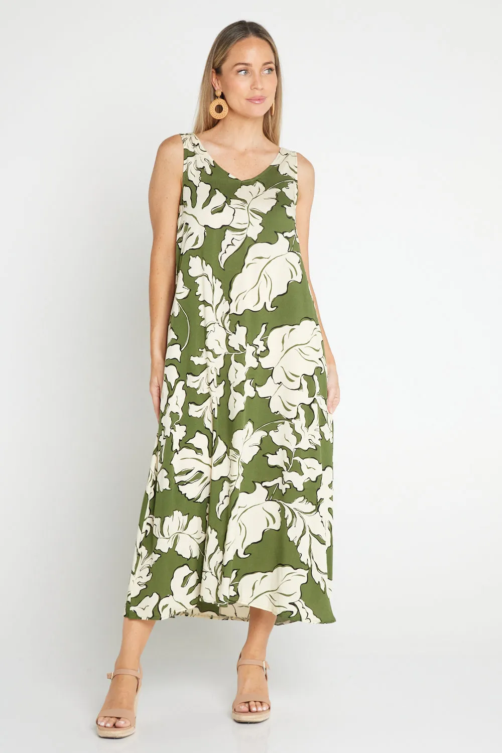 Sienna Sleeveless Midi Dress - Olive Botanical