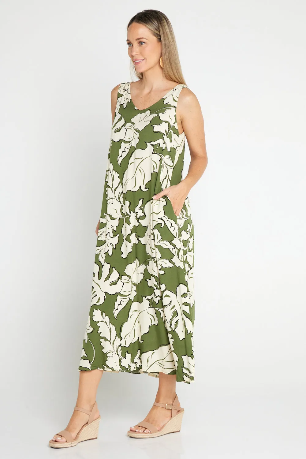 Sienna Sleeveless Midi Dress - Olive Botanical