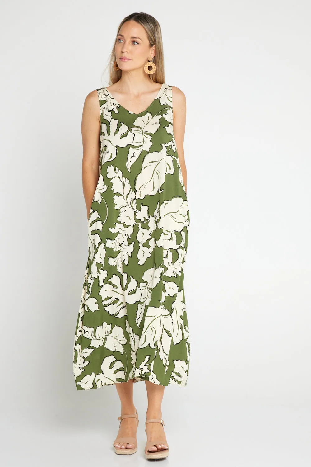 Sienna Sleeveless Midi Dress - Olive Botanical