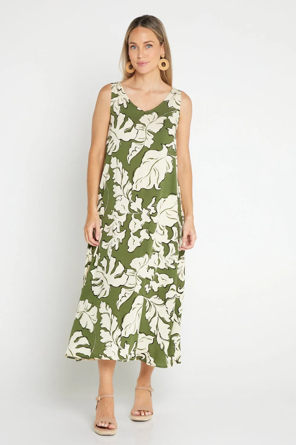 Sienna Sleeveless Midi Dress - Olive Botanical