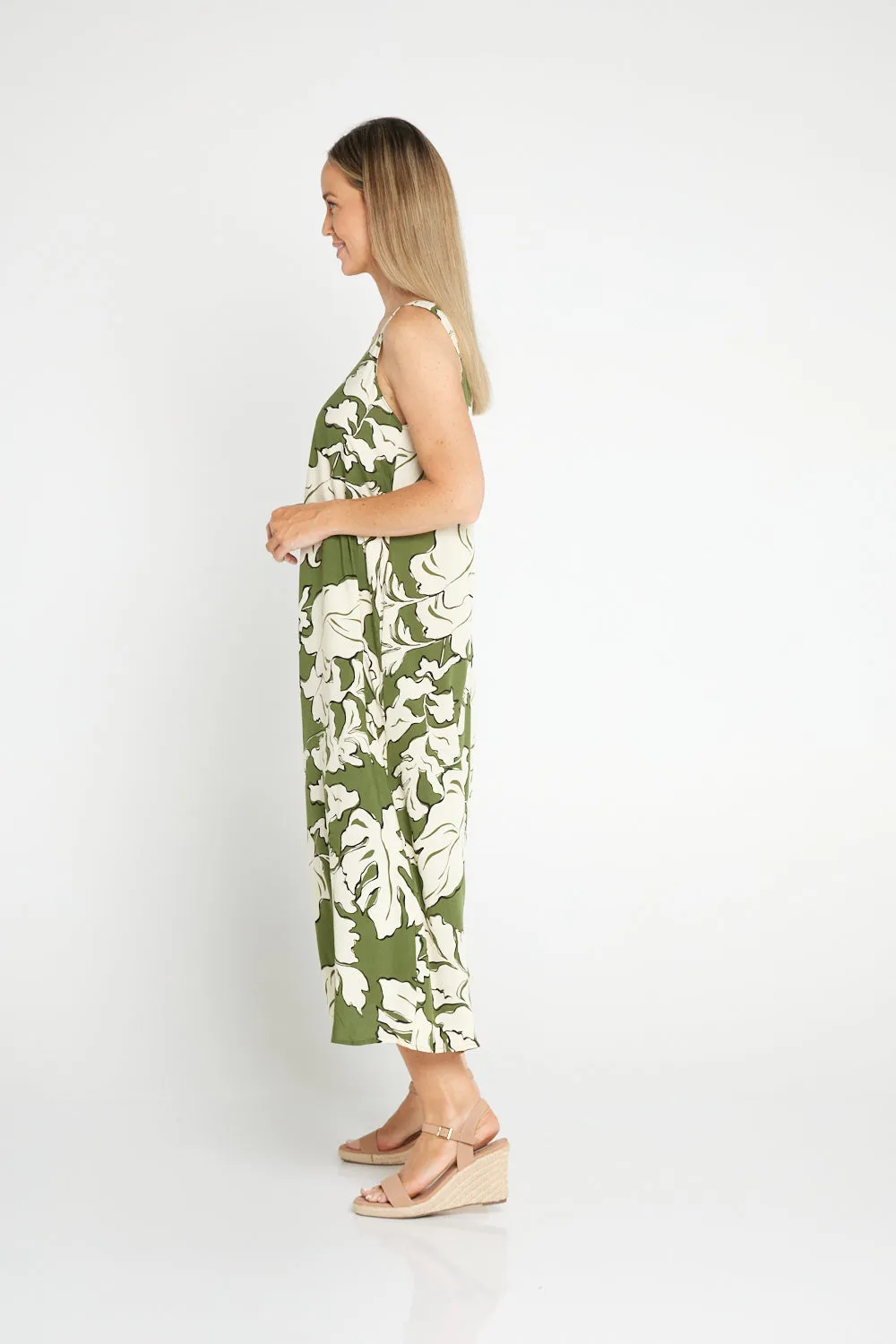 Sienna Sleeveless Midi Dress - Olive Botanical