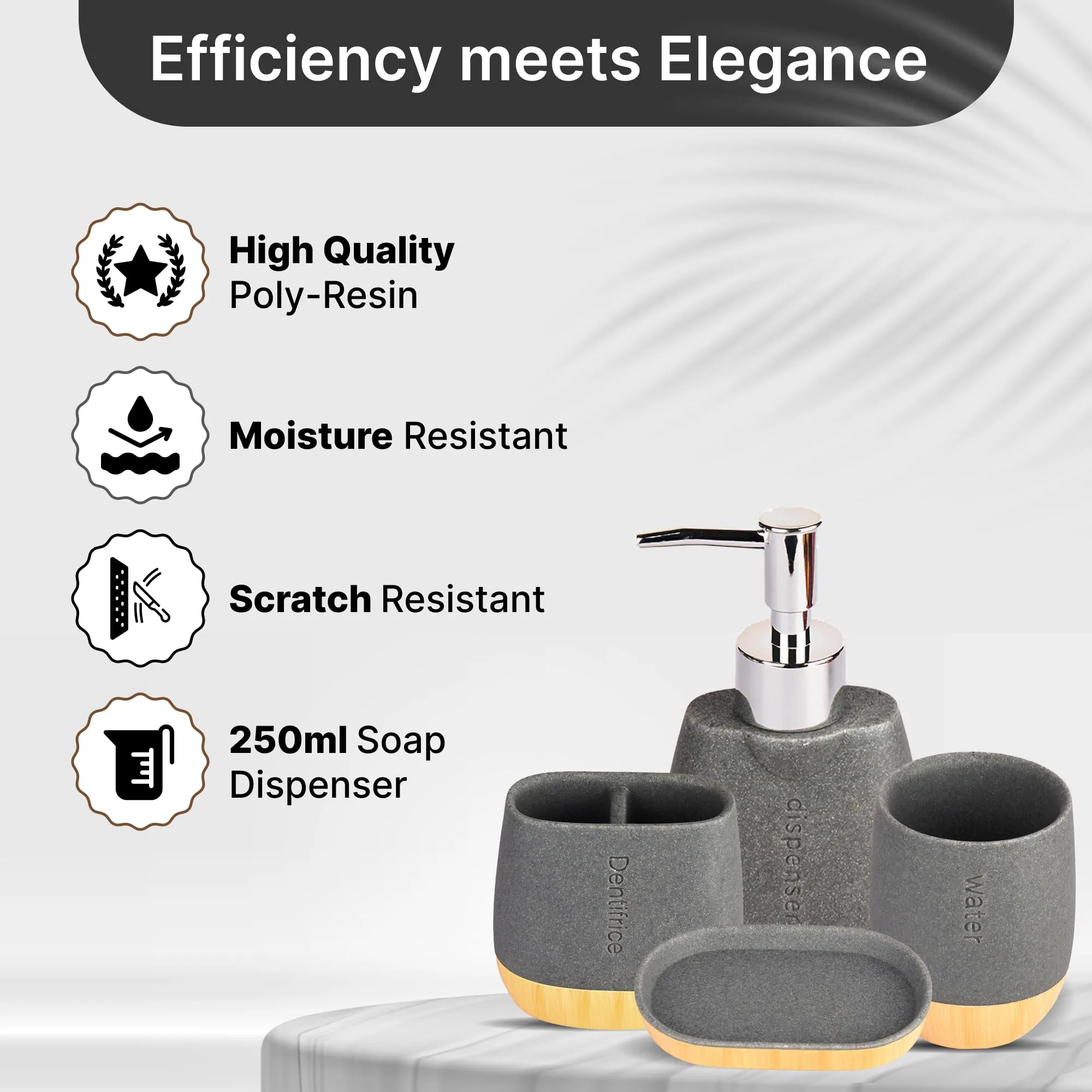 UMAI Polyresin 4-Piece Bathroom Accessories Set | Soap Holder, Liquid Soap Dispenser for Bathroom (250ml), Tumbler & Toothbrush Holder | Moisture Resistant | Scratch Proof | Grey