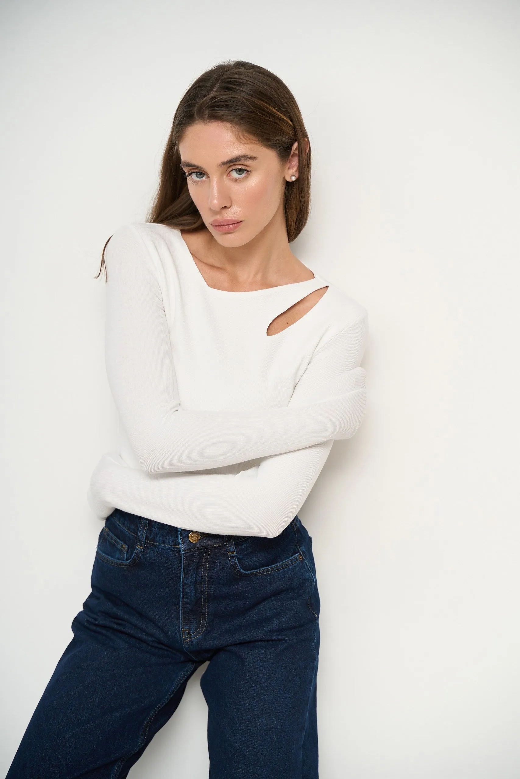 White Assymmetric Neckline Long Sleeve Top