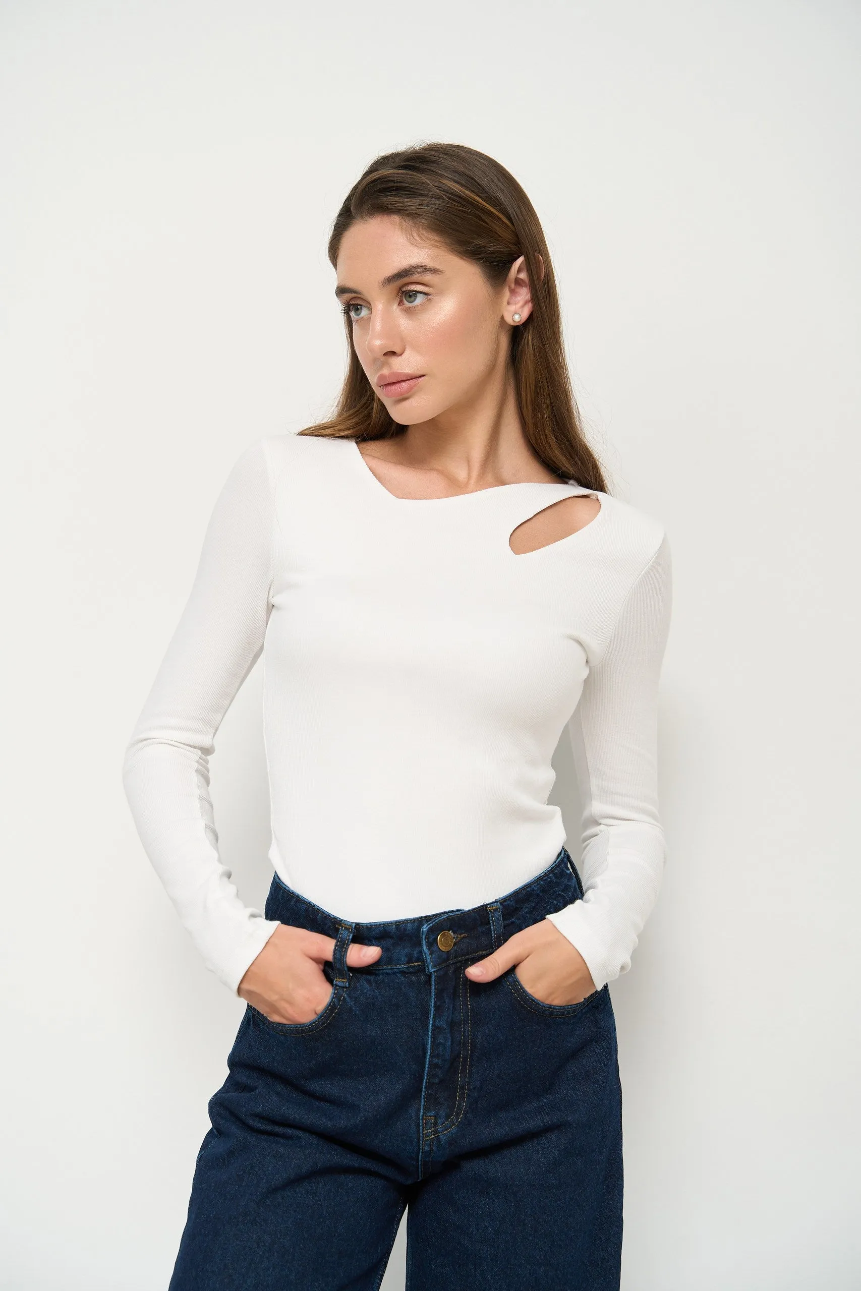 White Assymmetric Neckline Long Sleeve Top