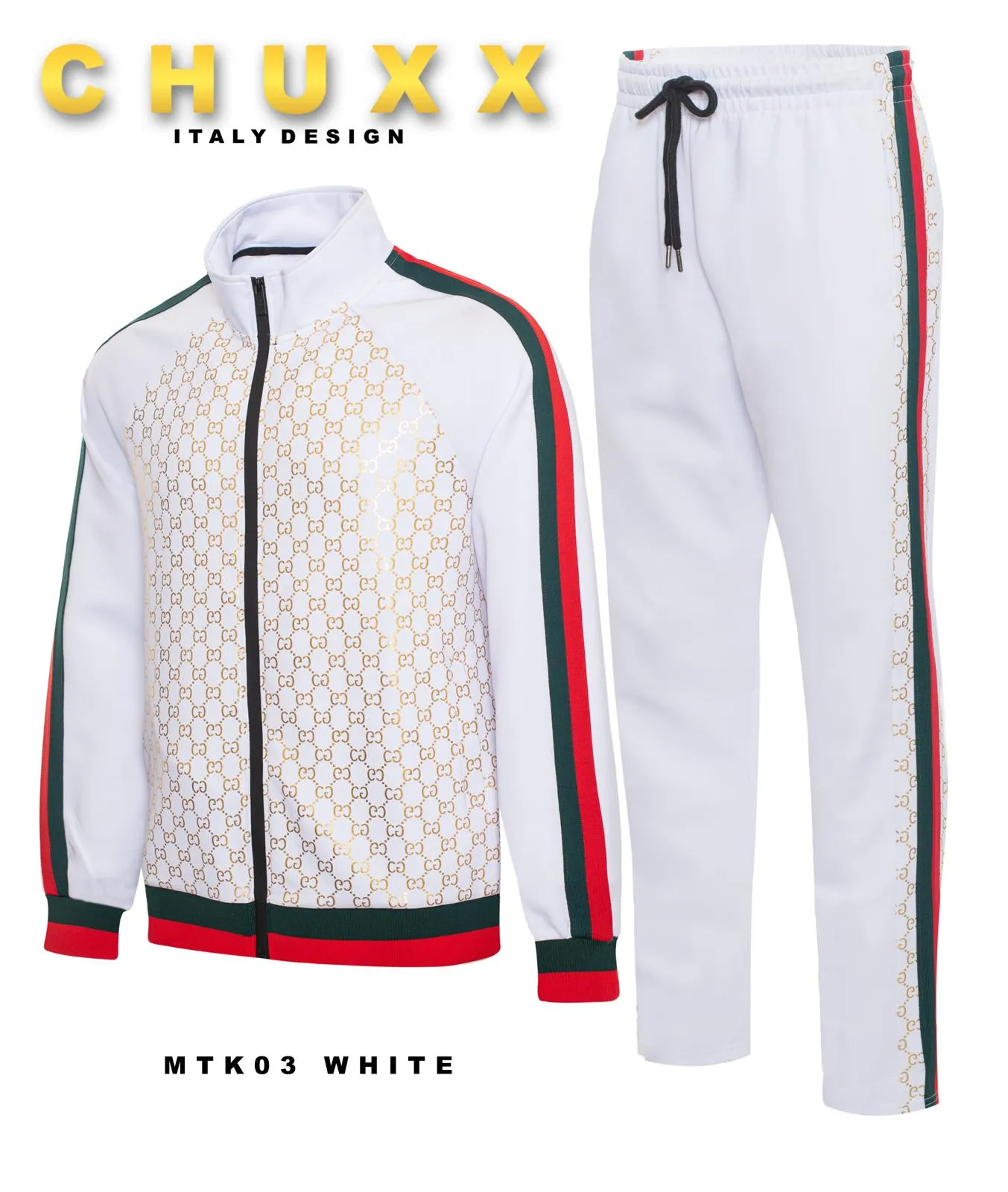 White Men's Jogging Set Tracksuit Gold Print Style Red and Green Strips Style No: MTK03