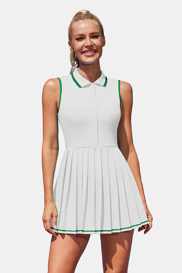 Women Tennis Polo Dresses Ribbed Half Zip Pleated White Golf Workout Dress with Built in Shorts and Bra